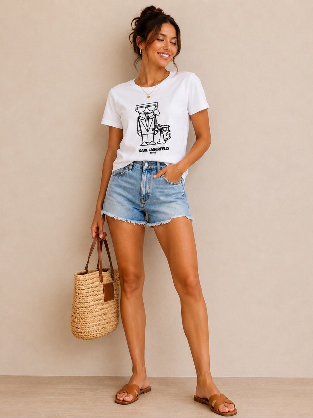 Karl Lagerfeld Paris Graphic Tee White Karl & Choupette T-Shirt Size Medium